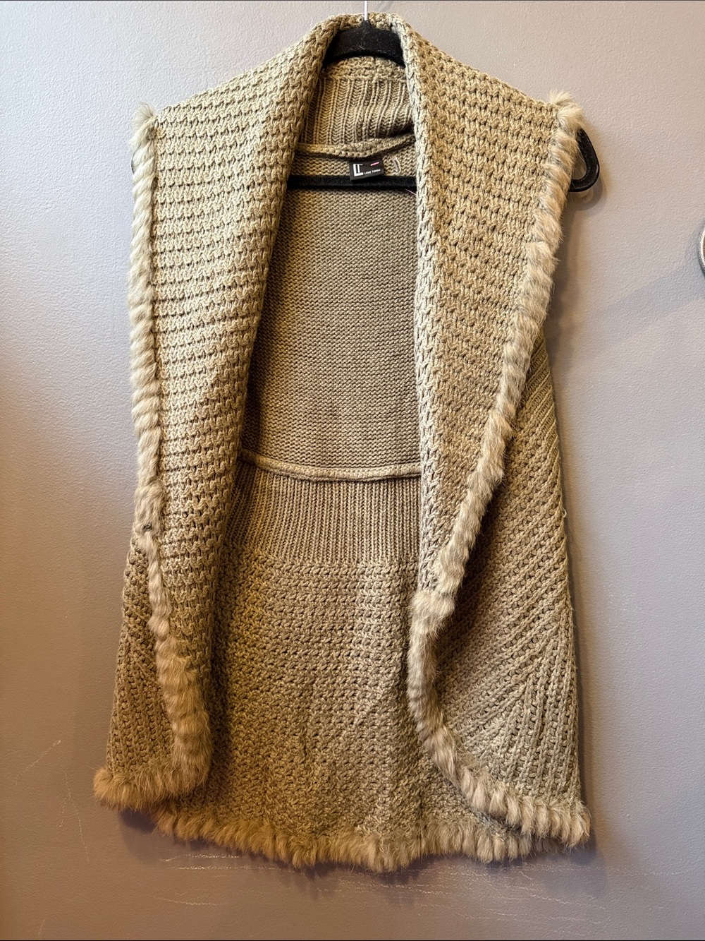 Love Token Knit Rabbit Fur Trim Open Front Vest - Taupe